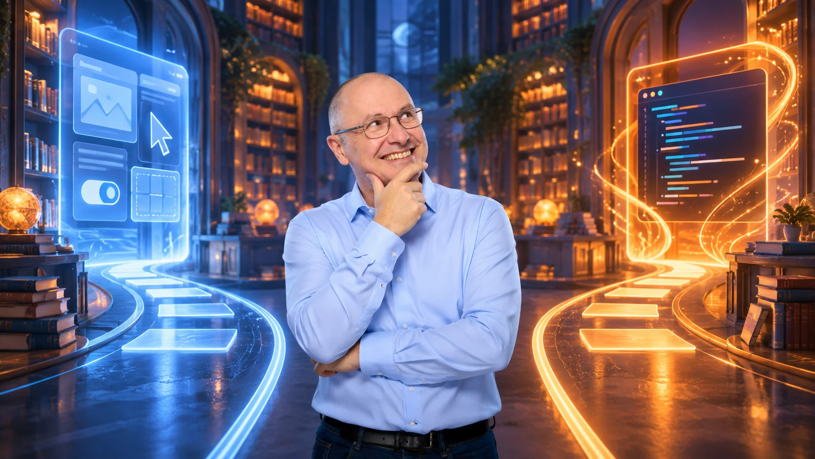 Matthieu dans une bibliothèque futuriste entre deux parcours de création numérique.