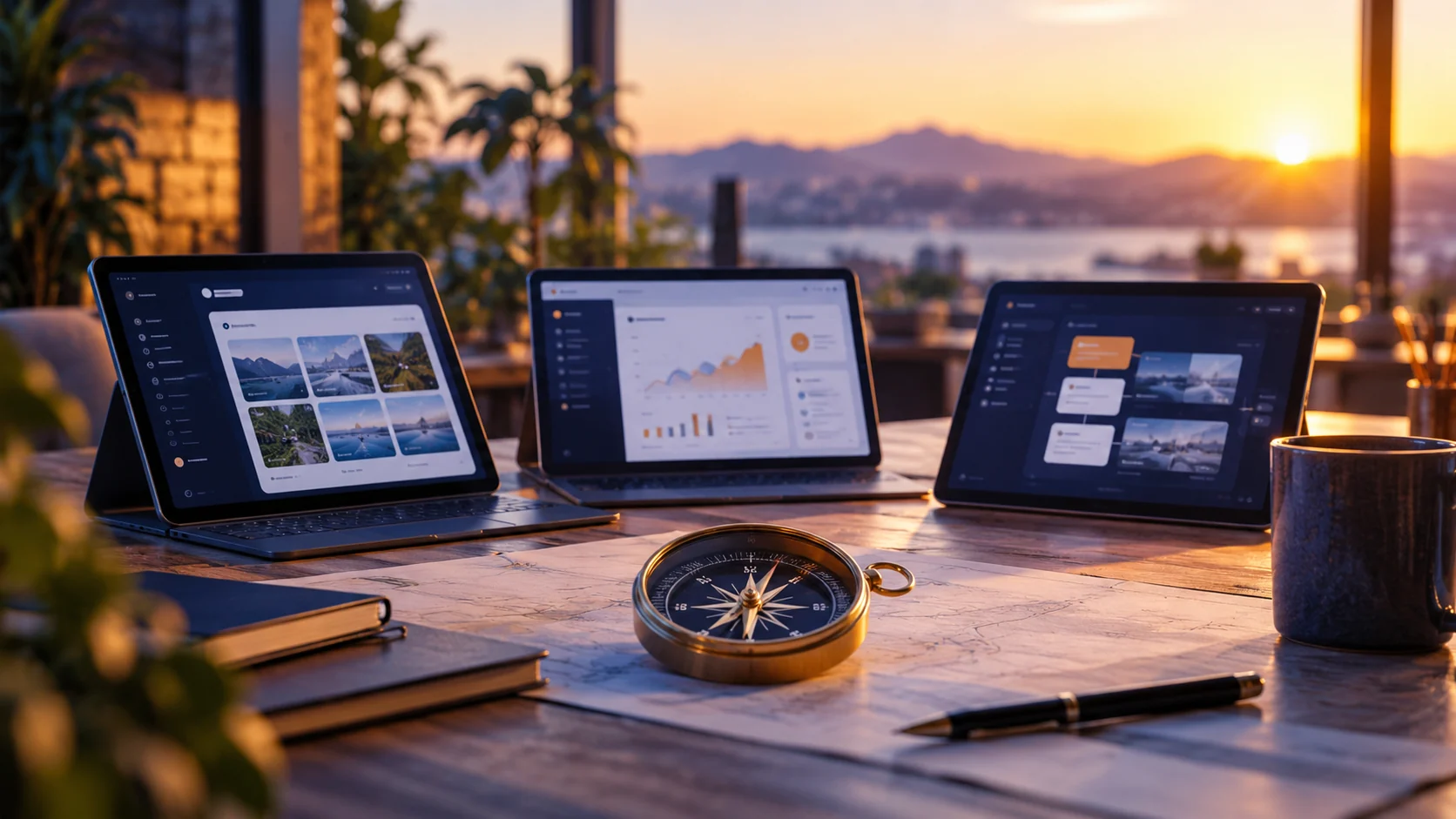 Trois prototypes d’applications présentés autour d’une boussole sur un bureau.