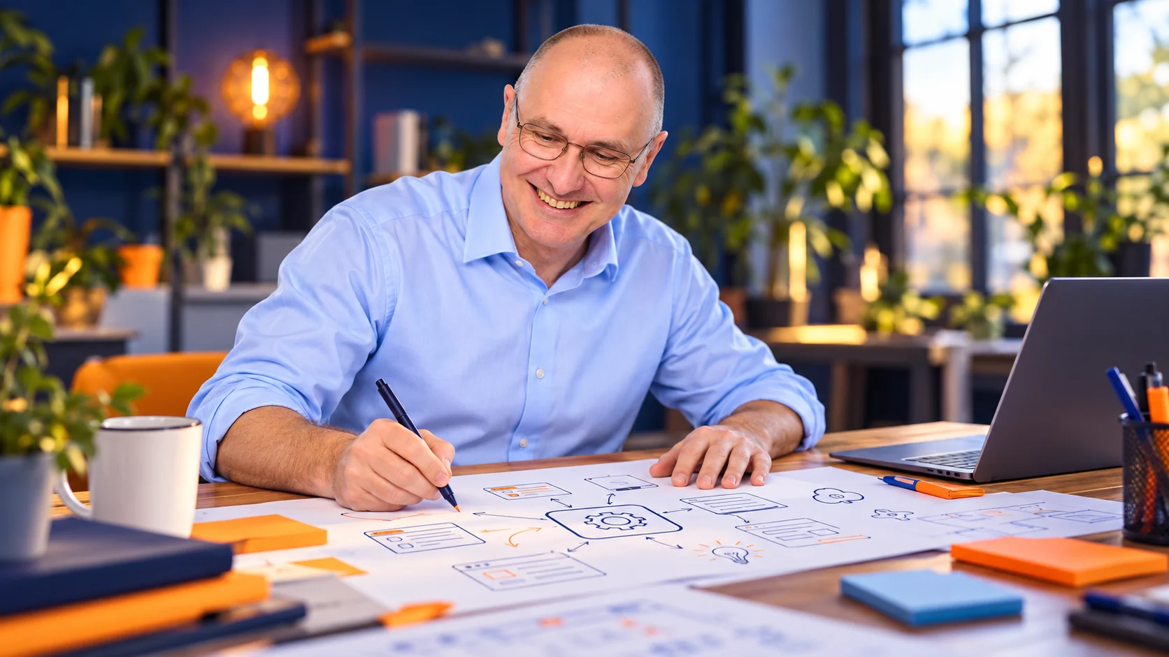 Matthieu dessine le parcours d’un outil métier sur un plan dans un atelier.