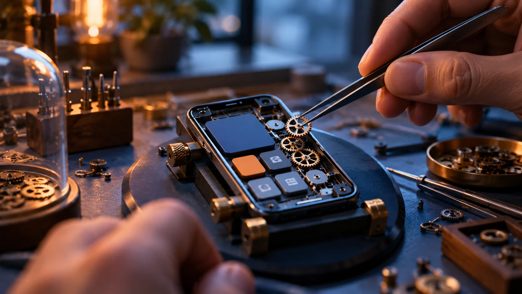 Une application miniature assemblée dans un atelier d’horlogerie.