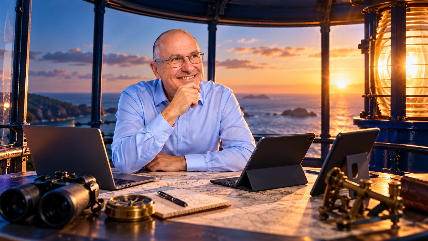 Matthieu examine des outils numériques depuis un observatoire au sommet d’un phare.