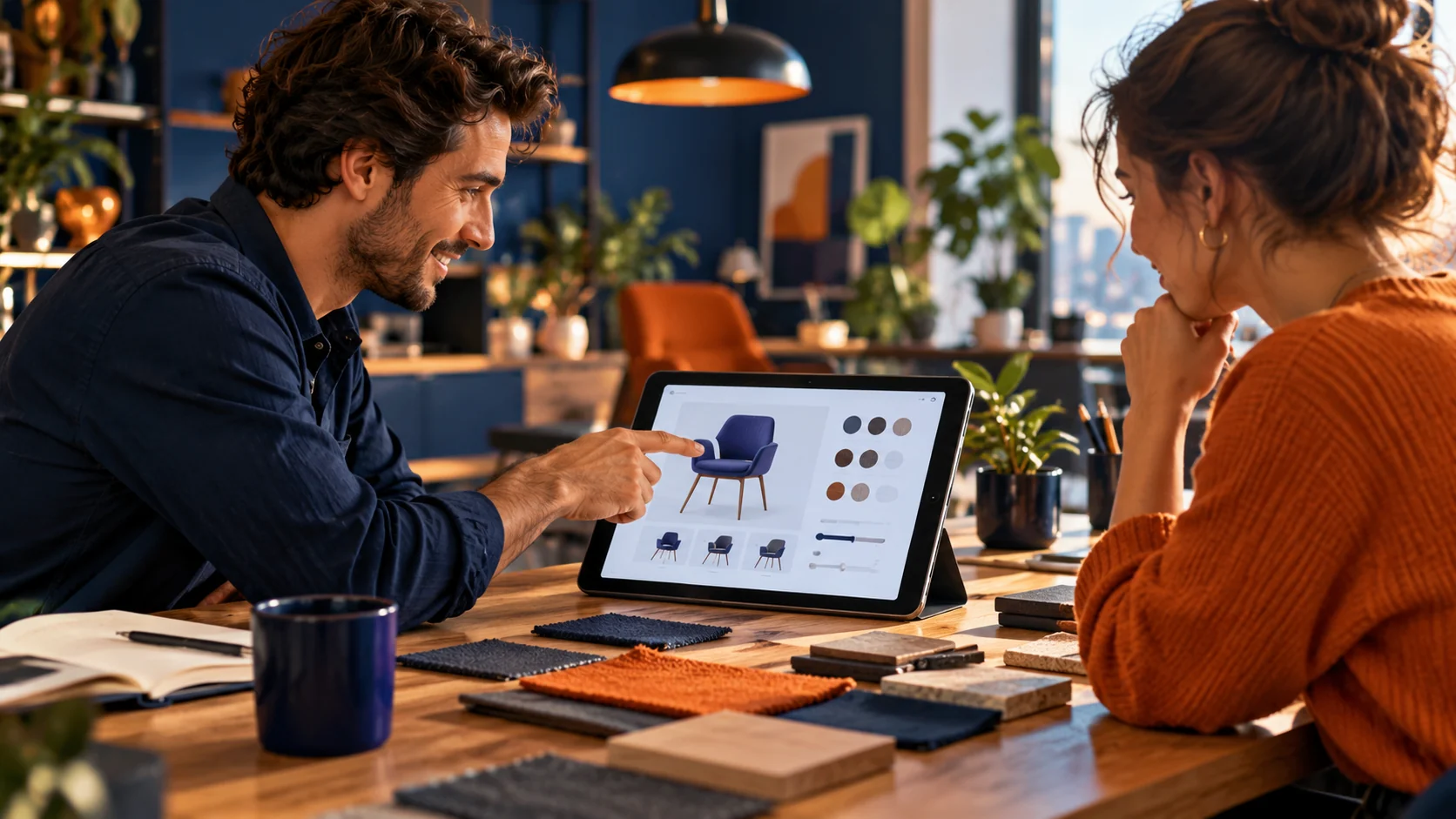 Équipe commerciale devant un prototype de calculateur sur tablette.