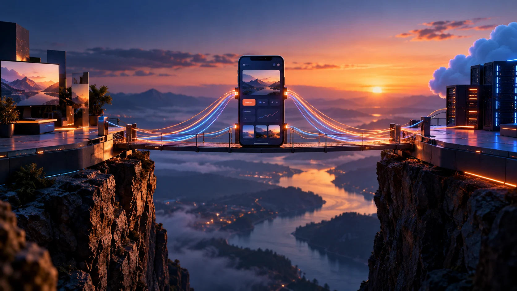 Un pont relie plusieurs interfaces pour illustrer les échanges entre logiciels.