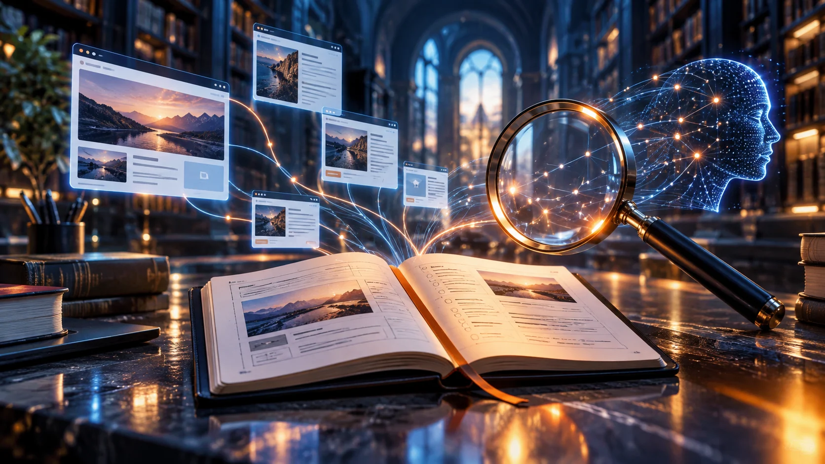 Une bibliothèque numérique relie pages web, recherche et explications.